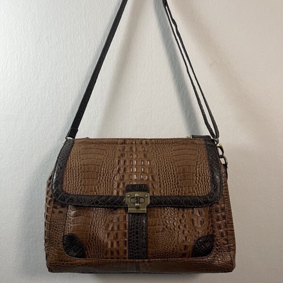 Vintage Etienne Aigner Brown Croc Leather Satchel Handbag w Adj Shoulder Strap - Picture 1 of 15